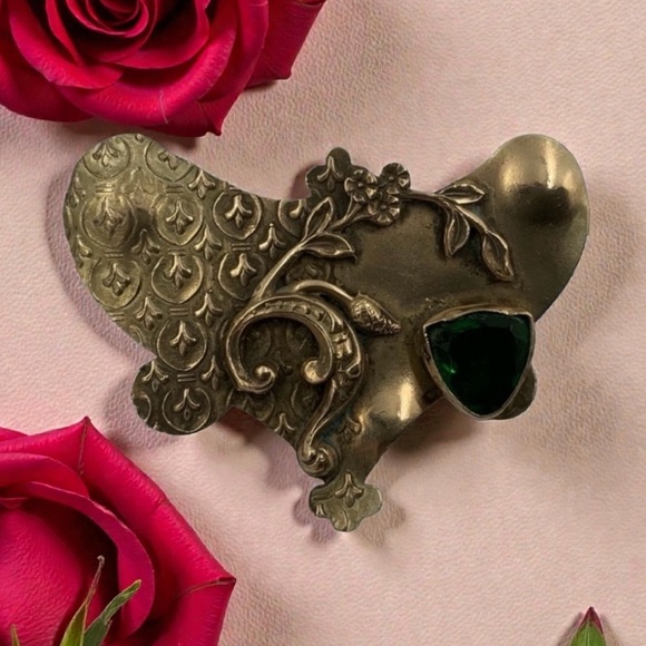 Handmade Jewelry - Antique Nouveau Arts & Crafts Brass Sash Pin, Fleur-De-Lis, Question Mark Design